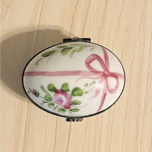 Limoges Easter Egg Pink Floral Rose Signed Hand Painted Porcelain Trinket Box